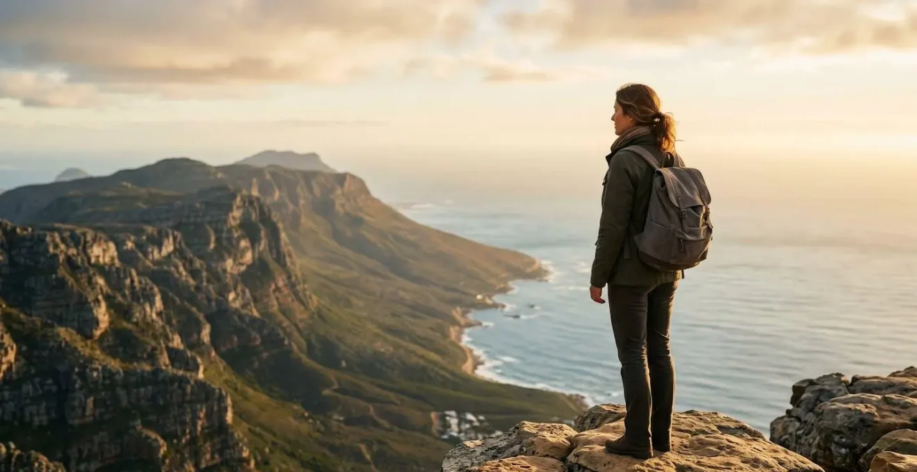 Solo adventurer standing confidently at a scenic overlook, embodying safety and freedom during international travel