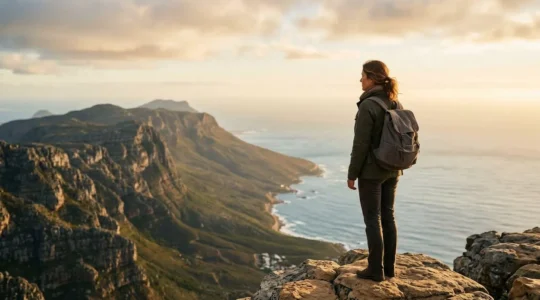 Solo adventurer standing confidently at a scenic overlook, embodying safety and freedom during international travel