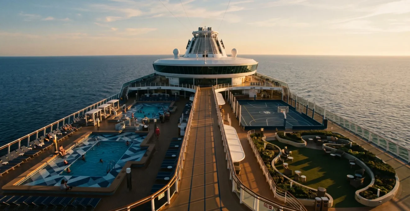 Modern cruise ship deck with multiple leisure zones showcasing strategic amenity planning opportunities