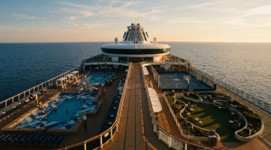 Modern cruise ship deck with multiple leisure zones showcasing strategic amenity planning opportunities