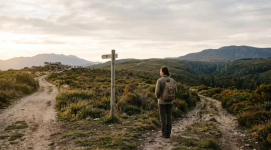 Traveler contemplating sustainable choices in natural environment