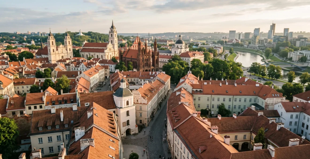 Aerial view of Vilnius UNESCO Old Town with pastel baroque architecture and terracotta rooftops