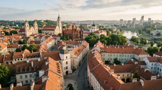 Aerial view of Vilnius UNESCO Old Town with pastel baroque architecture and terracotta rooftops