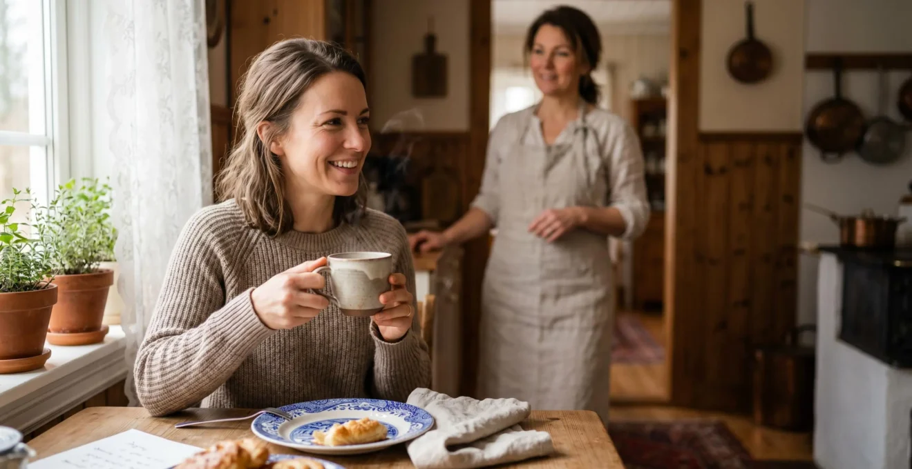 Warm breakfast table setting with welcoming host and guest interaction in a cozy bed and breakfast atmosphere