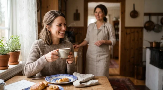 Warm breakfast table setting with welcoming host and guest interaction in a cozy bed and breakfast atmosphere