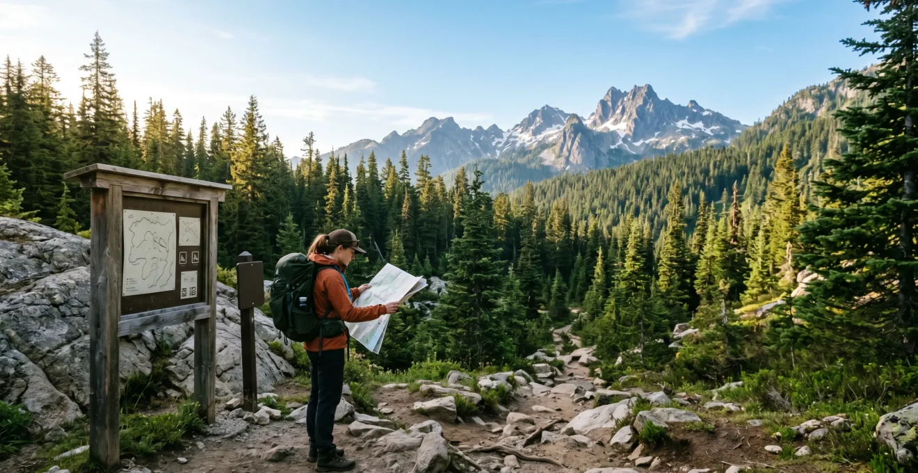 Hiker with backpack studying topographic map at mountain trailhead preparing for multi-day wilderness adventure