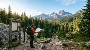 Hiker with backpack studying topographic map at mountain trailhead preparing for multi-day wilderness adventure