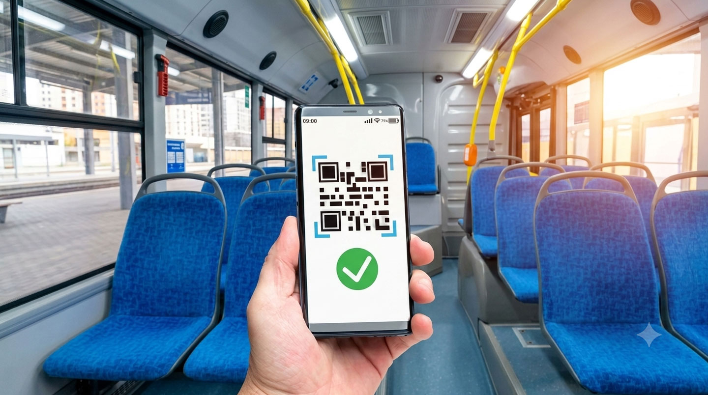 A traveller in casual contemporary clothing checking a smartphone screen inside a modern coach bus with natural window light