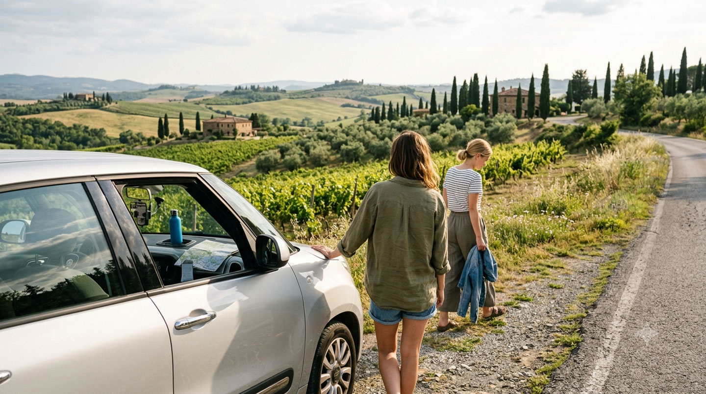 Two travellers with backpacks stand with their backs to the camera, gazing across a wide Tuscan valley dotted with cypresses and distant stone buildings