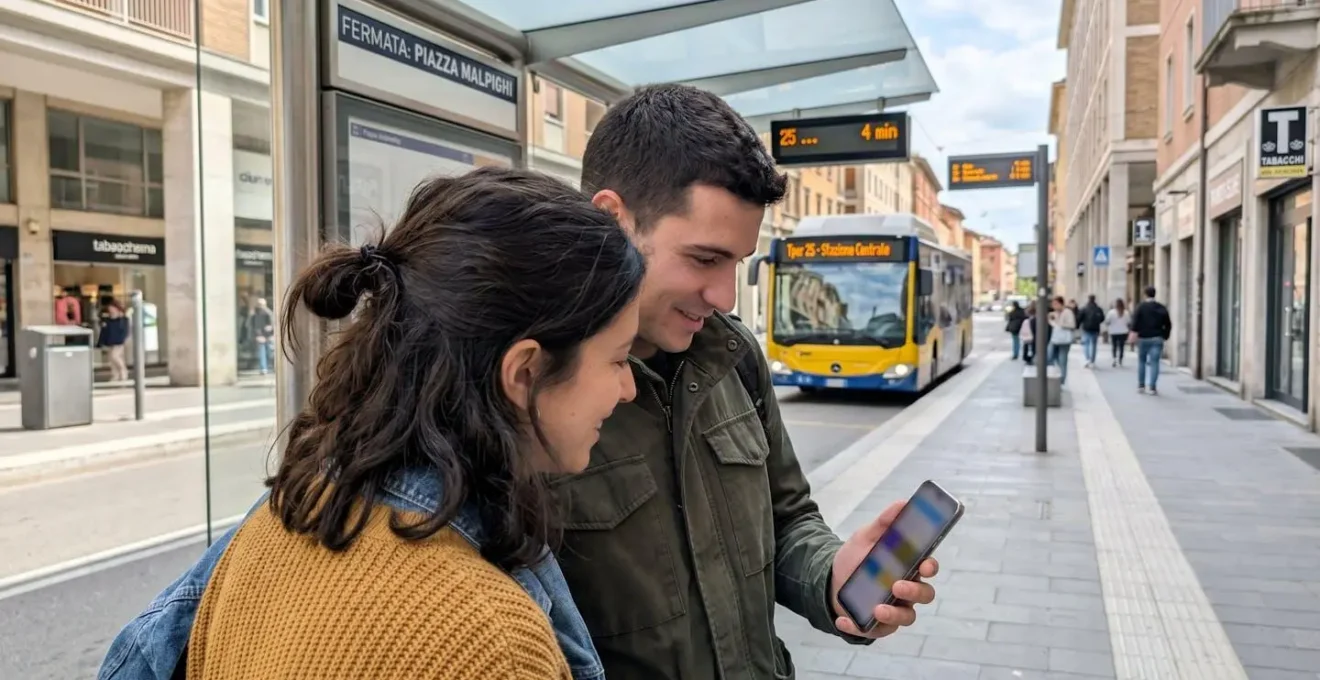 Couple viewed from behind standing at a modern Italian bus stop, looking at a smartphone together in natural daylight