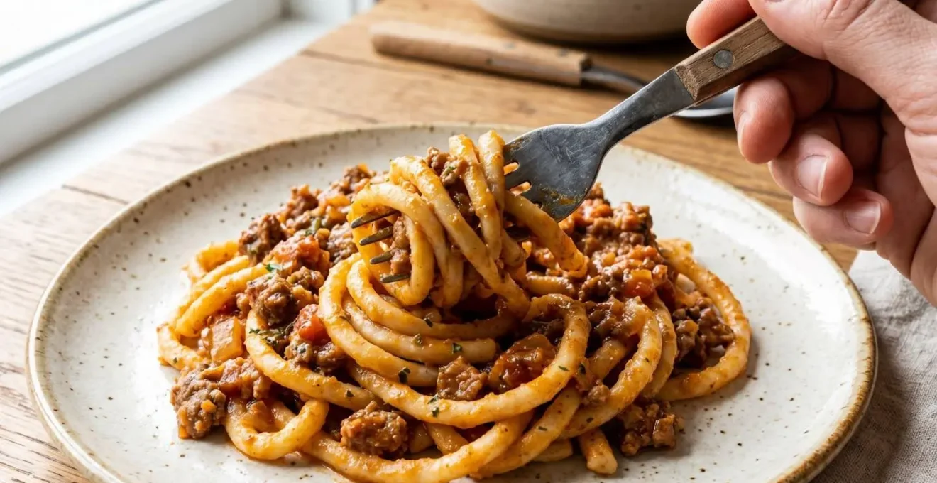 Extreme close-up macro shot of hand-rolled pici pasta being twirled with fork through rich meat ragu sauce on rustic ceramic plate