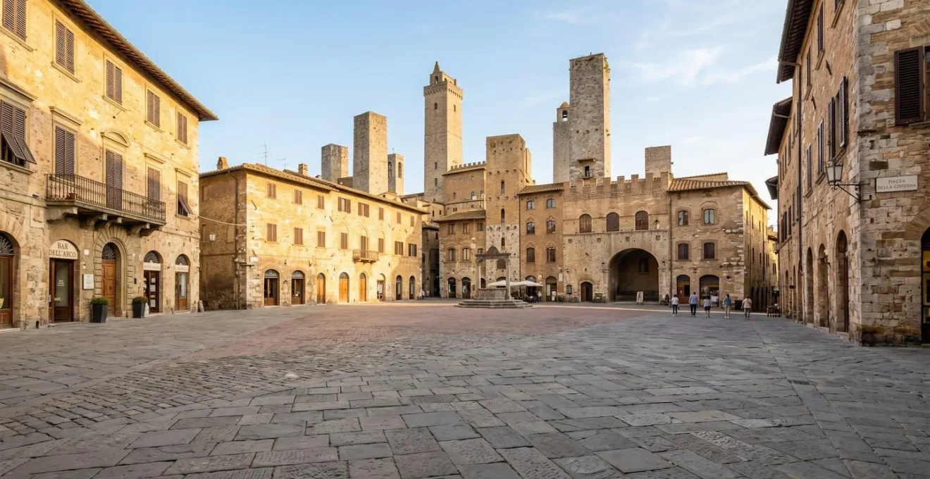 Wide angle view of San Gimignano's iconic medieval stone towers rising above the main piazza at golden hour, empty cobblestone foreground with warm sunlight on historic architecture