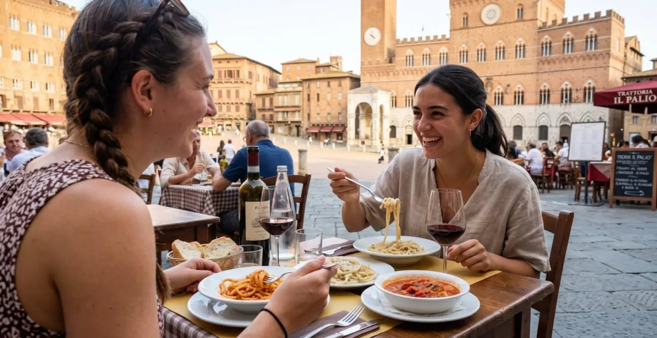 Two travelers enjoying a shared meal at a sunlit outdoor trattoria table in a historic Tuscan piazza, candid moment of authentic Italian dining experience