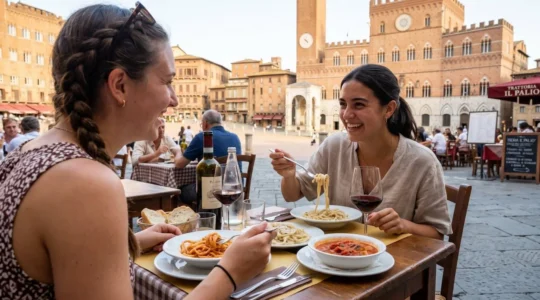 Two travelers enjoying a shared meal at a sunlit outdoor trattoria table in a historic Tuscan piazza, candid moment of authentic Italian dining experience