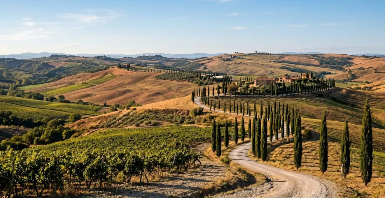 Rolling Tuscan hills covered with vineyard rows and cypress tree-lined gravel road under warm golden hour sunlight