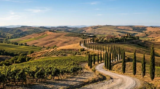 Rolling Tuscan hills covered with vineyard rows and cypress tree-lined gravel road under warm golden hour sunlight