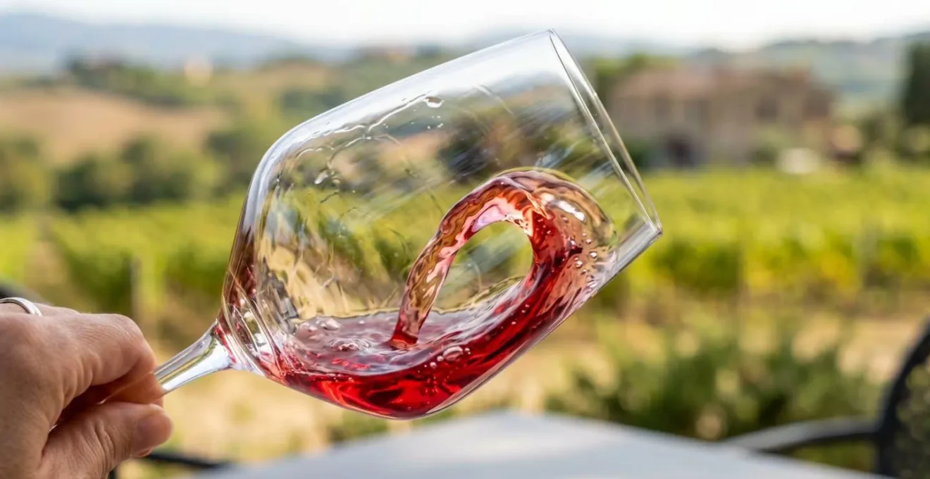 Extreme close-up of red wine in a tilted glass catching natural light with blurred vineyard landscape in soft bokeh background