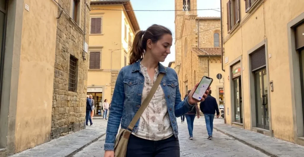 Young traveler in casual contemporary clothing consulting smartphone map application while standing on cobblestone Florence street with historic architecture blurred in background