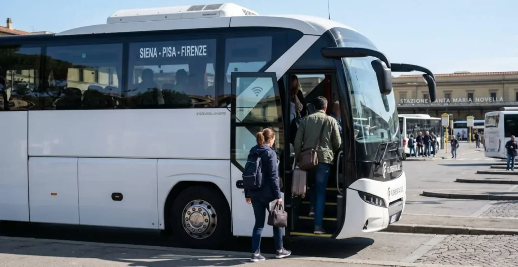 Two passengers boarding contemporary coach bus from side angle, modern bus exterior showing air conditioning unit, candid travel moment, bright daylight