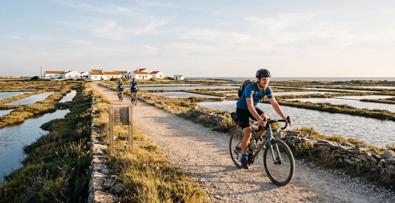 Cyclists riding along a coastal bike path next to salt marshes on a sunny island.