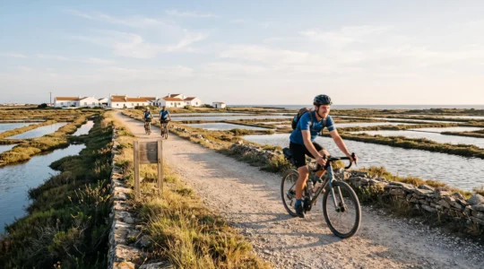 Cyclists riding along a coastal bike path next to salt marshes on a sunny island.