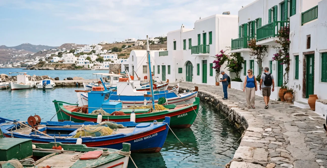 Visitors strolling along a small harbor quay with fishing boats and whitewashed houses.