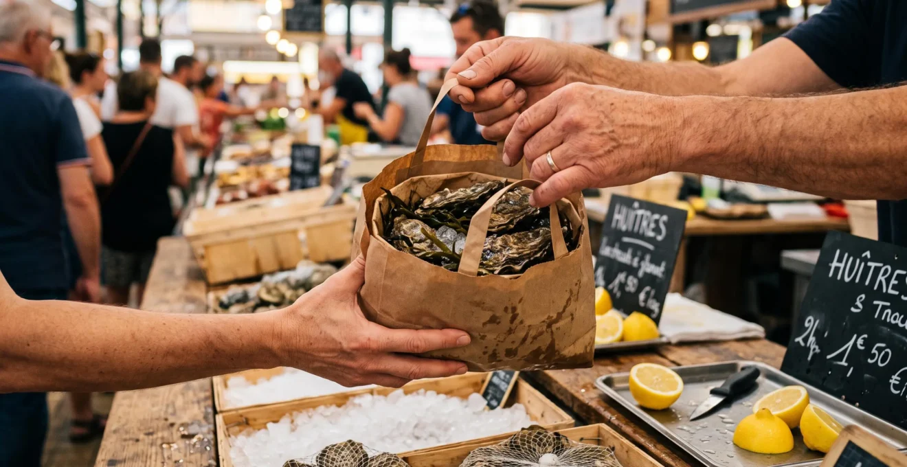 A vendor handing a bag of fresh oysters across a wooden market stall.