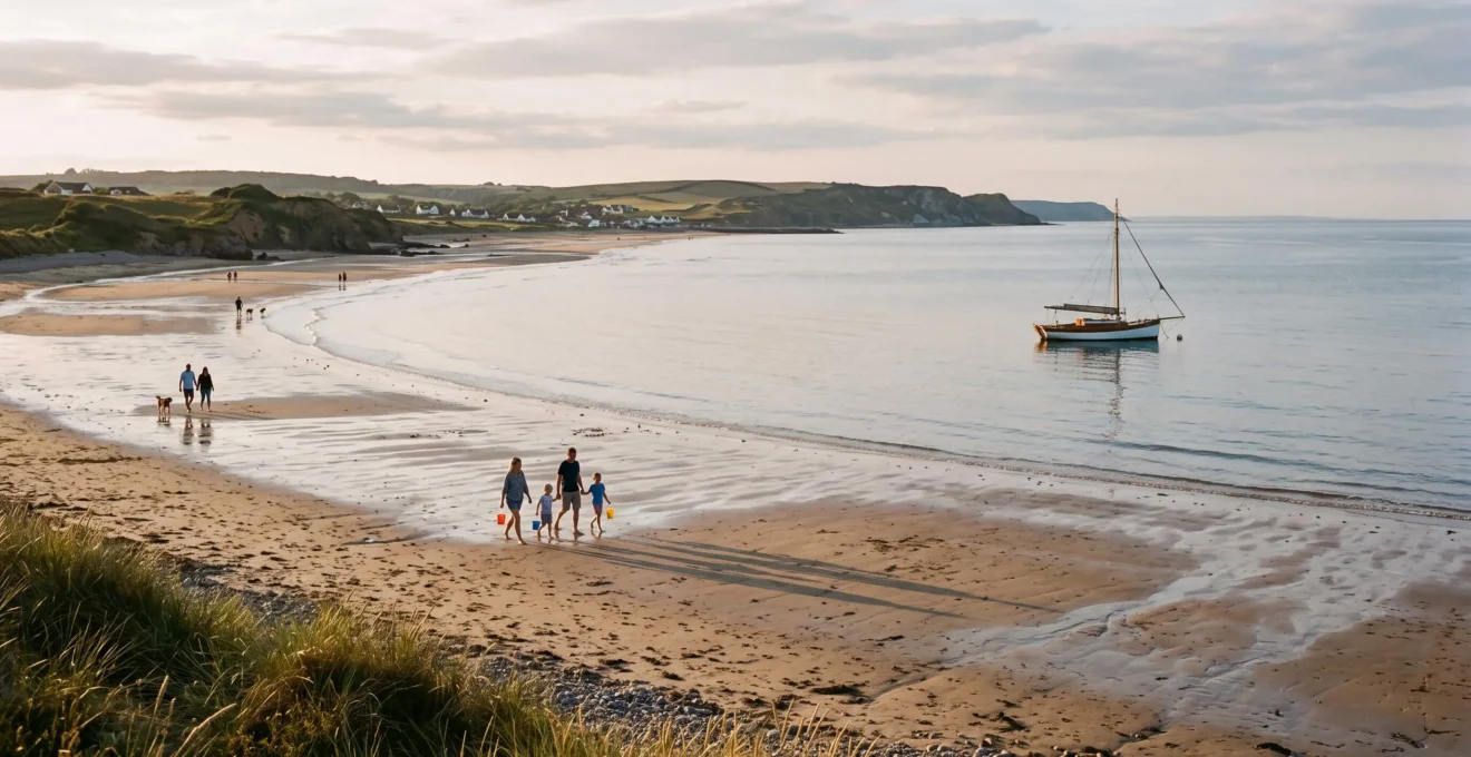 Families walking on a wide sandy beach at low tide in warm evening light.